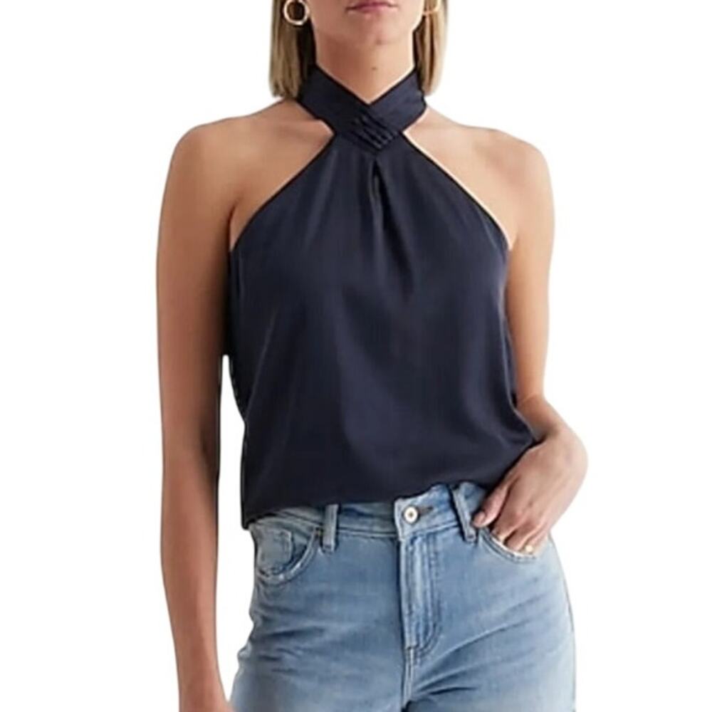 NWT Express Satin Gathered Halter Neck Tank Navy Blue Size Small